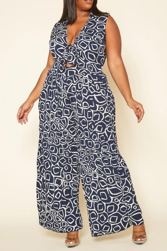 Abstract Print Wide Flare Jumpsuit