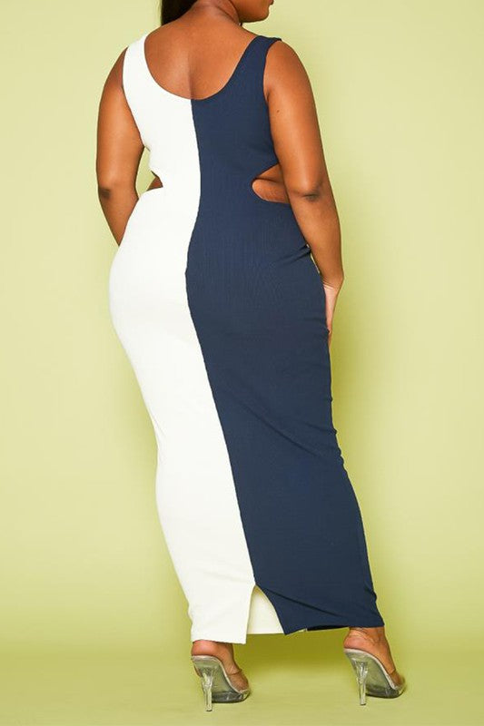Ribbed Two-Tone Color Cut Out Maxi Dress
