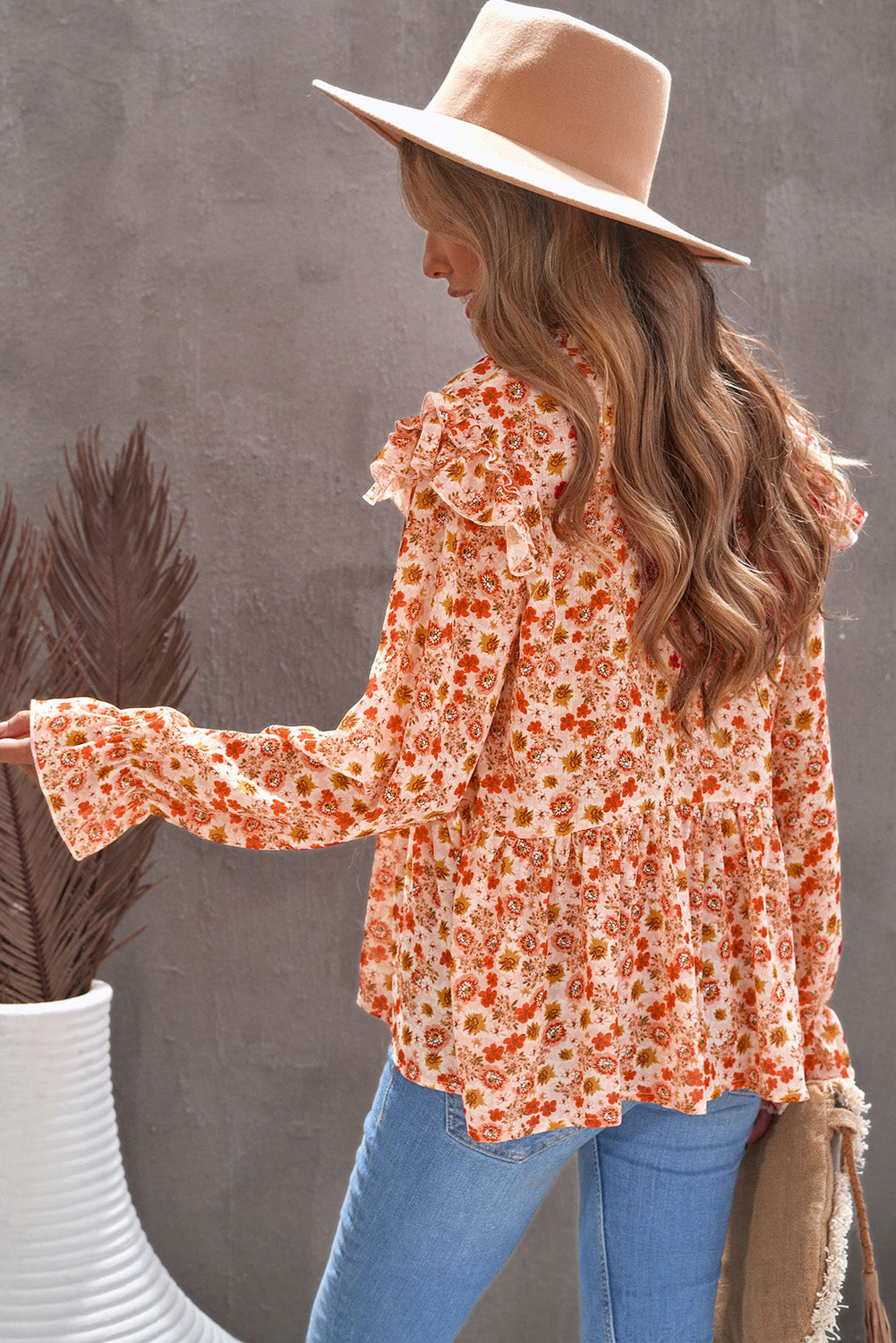 Floral Ruffled Flounce Sleeve Lace Trim Blouse